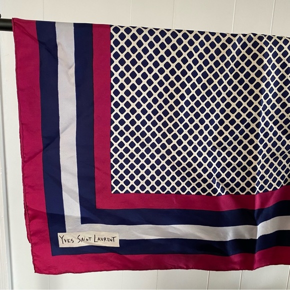 Vintage Yves Saint Laurent Silk Scarf Square Pink Blue Diamond Pattern Logo - Picture 4 of 16